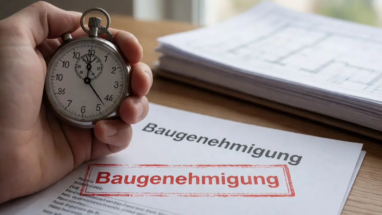 Stoppuhr neben Baugenehmigung symbolisiert Fristdruck