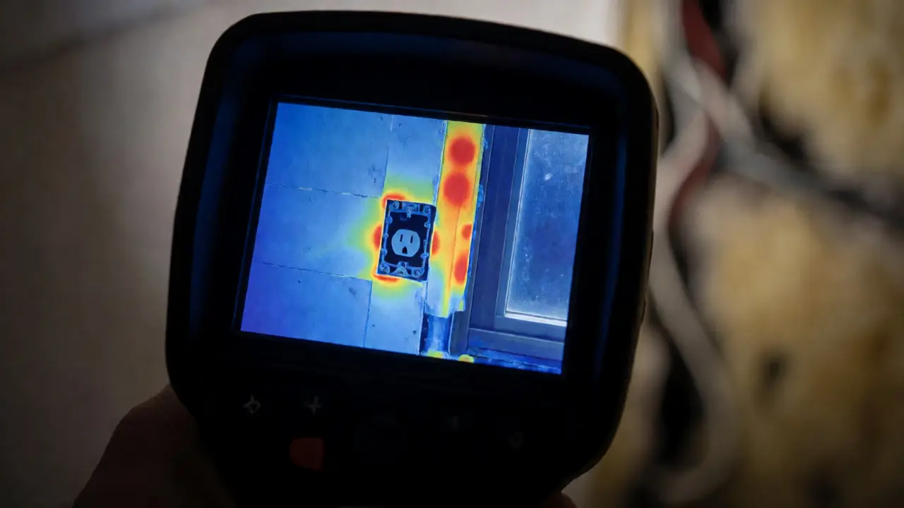 Thermografieaufnahme zeigt rote Leckagen um Steckdosen und Fensterrahmen.