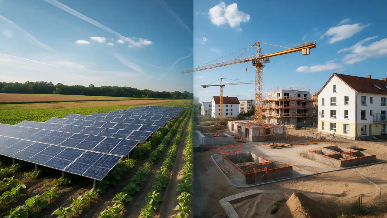 Übergang von Agrarfläche mit Solaranlagen zu neuem Wohnbaugebiet