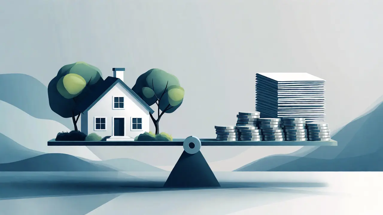 Waage mit Haus und Geld als Symbol für Finanzierung
