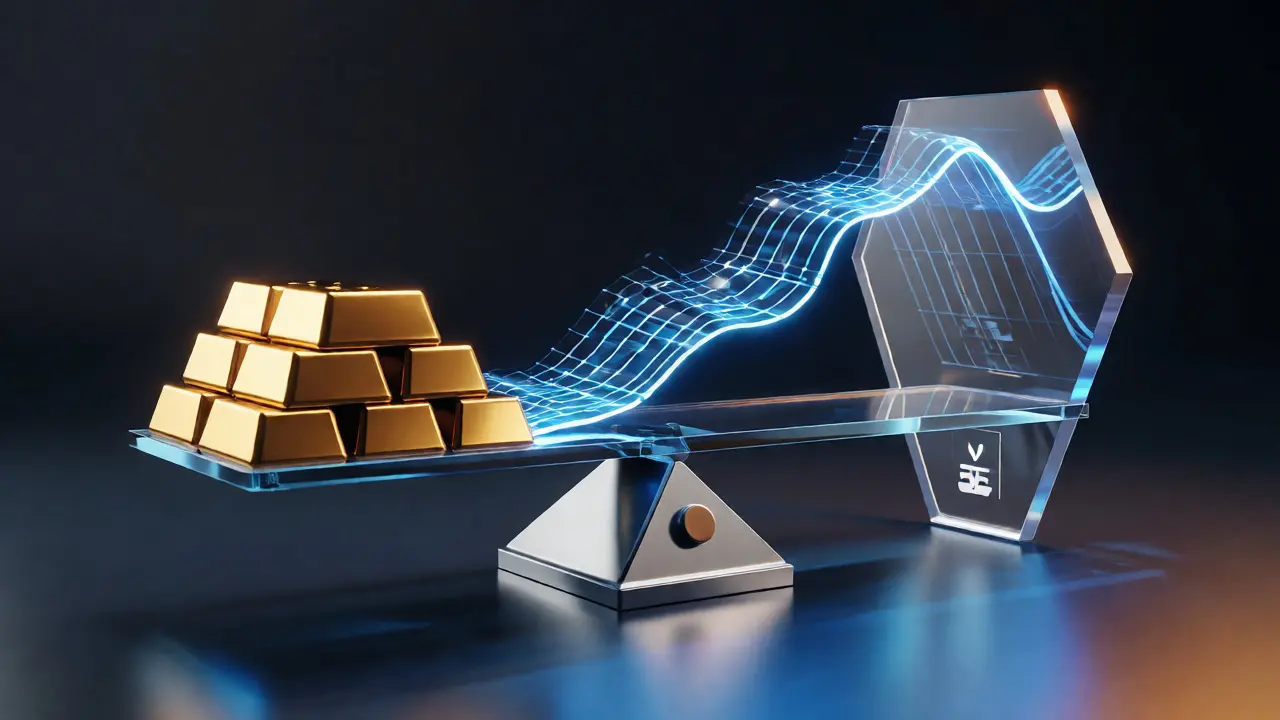 Waage zwischen Goldbarren und Datenwelle als Metapher für Indexklausel