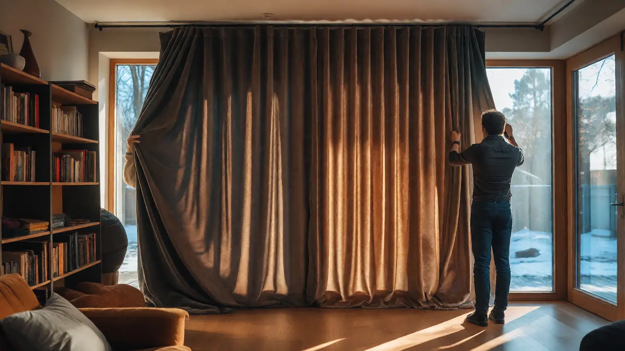 Wohnzimmer mit schweren Akustikvorhängen und Regalen als Schallschutzmaßnahme am Fenster.