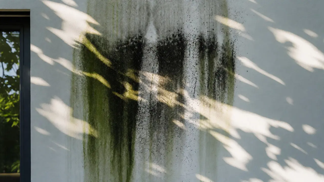 Algenbefall auf einer synthetischen Fassadenoberfläche im Schatten