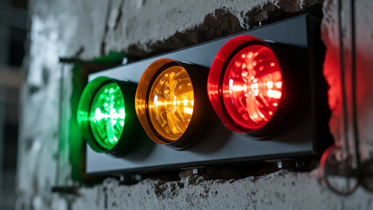 Ampelstatus Grün Gelb Rot an einer Betonwand auf der Baustelle