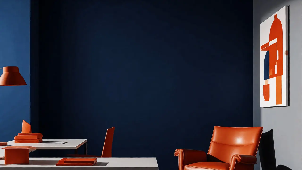 Arbeitszimmer mit komplementärem Kontrast aus Marineblau und Orange.
