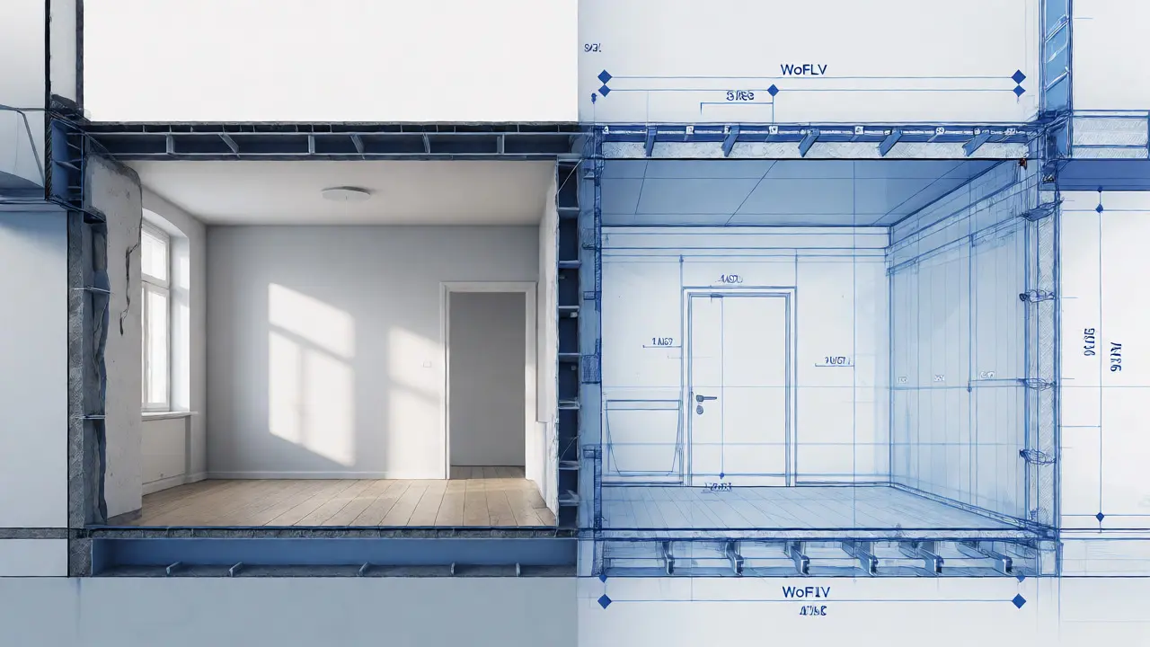 Architektonischer Querschnitt einer Wand mit Bauplan-Overlay