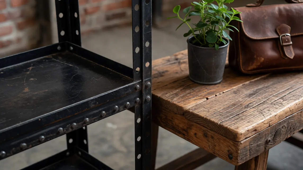 Detailaufnahme von Metallregal, Holztisch, Lederaccessoire und Pflanze im Industrial Stil.