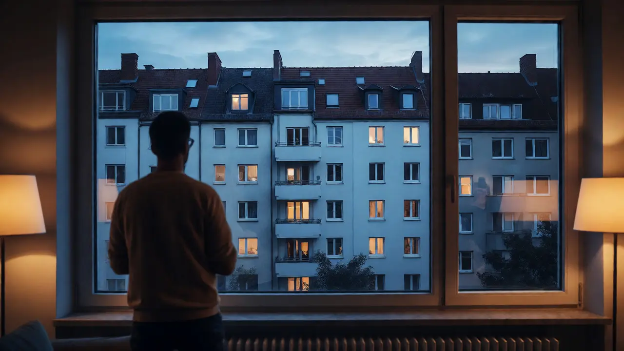Eigentümer blickt nachdenklich aus dem Fenster auf renovierte Immobilien