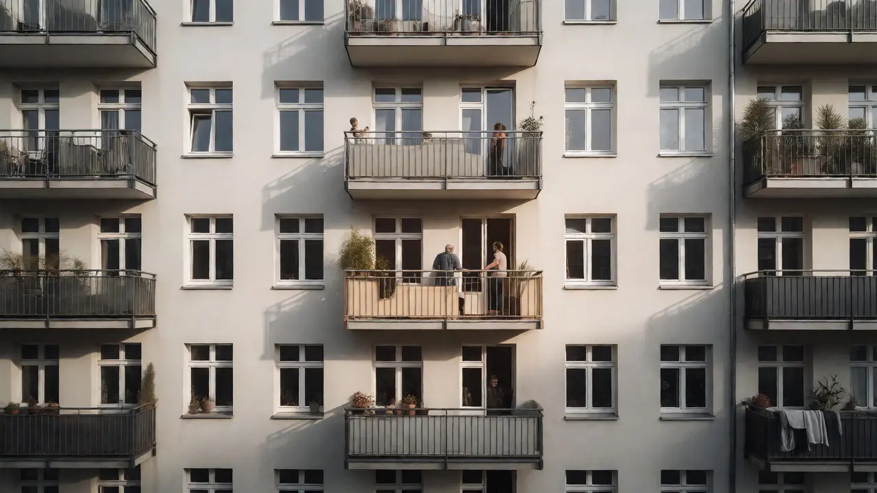 Fassade eines Mehrfamilienhauses mit Balkon und Gästen zur Veranschaulichung von Home Sharing