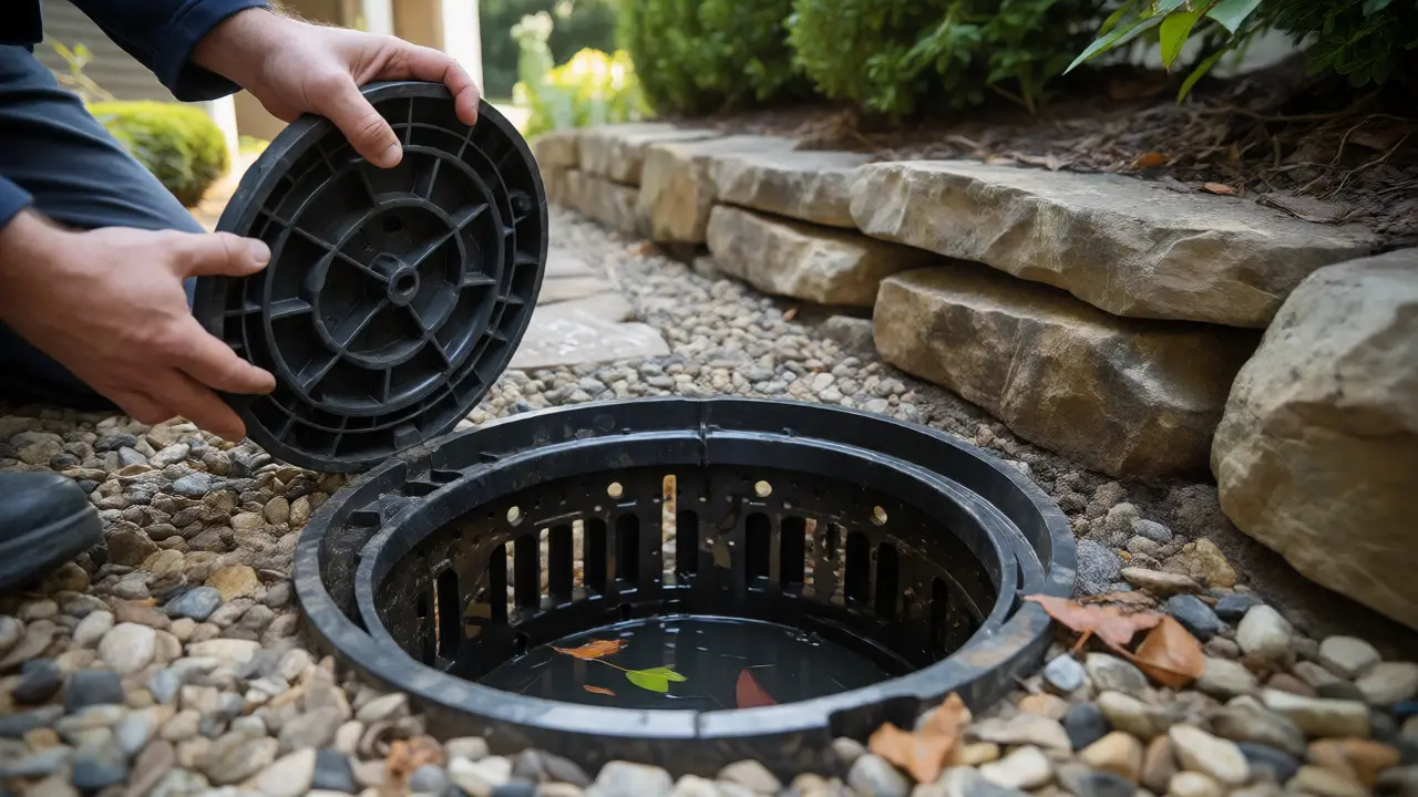 Geöffneter Kontrollschacht im Garten mit Wasseransammlungen