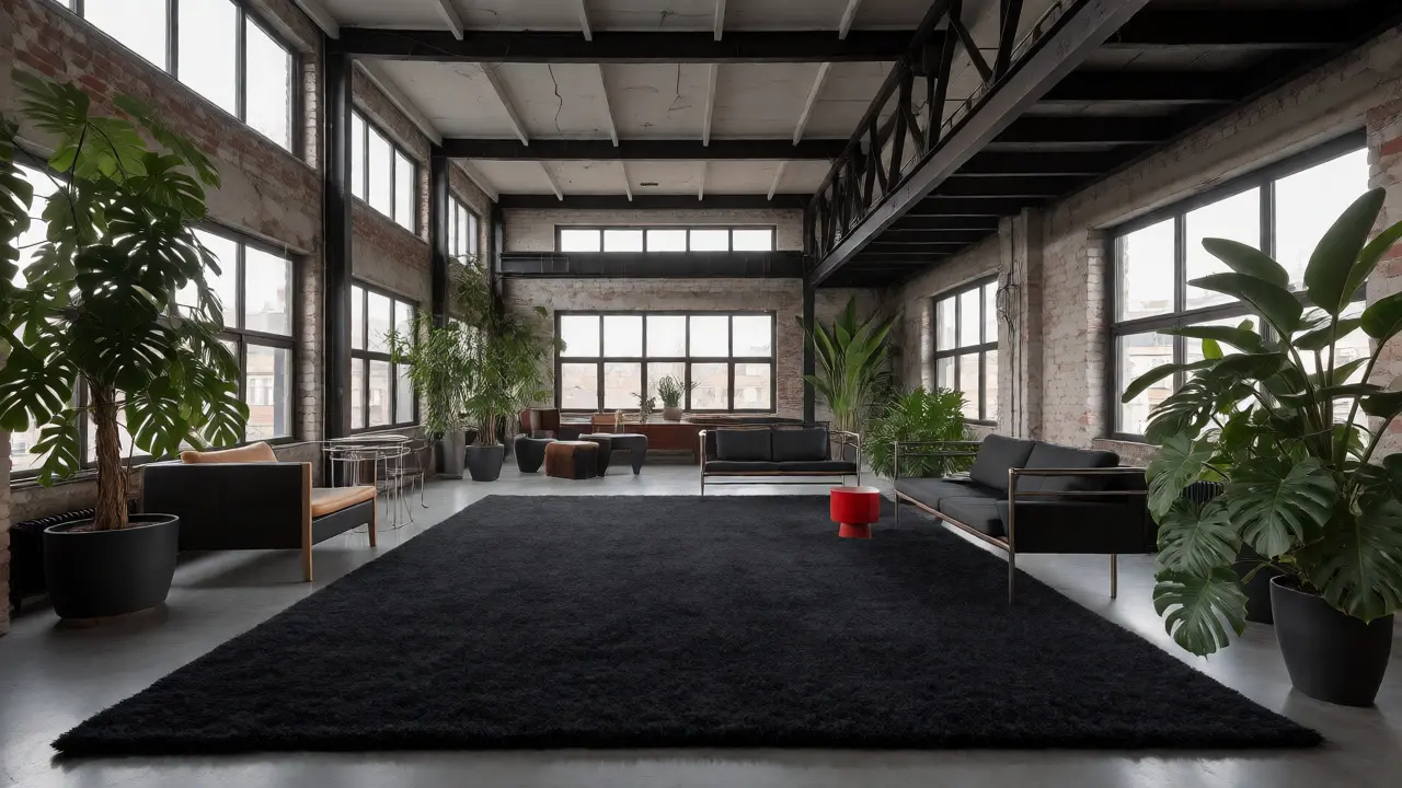 Großzügiges Loft-Wohnzimmer mit Backstein, Pflanzen, Teppichen und rotem Akzentmöbel.