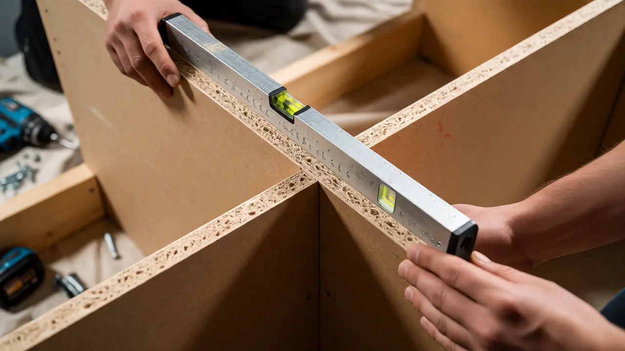 Hände beim präzisen Aufbau der Schrankunterkonstruktion für eine DIY-Kücheninsel