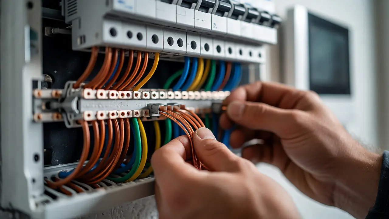 Hände eines Elektrikers verlegen neue Kabel im Sicherungskasten