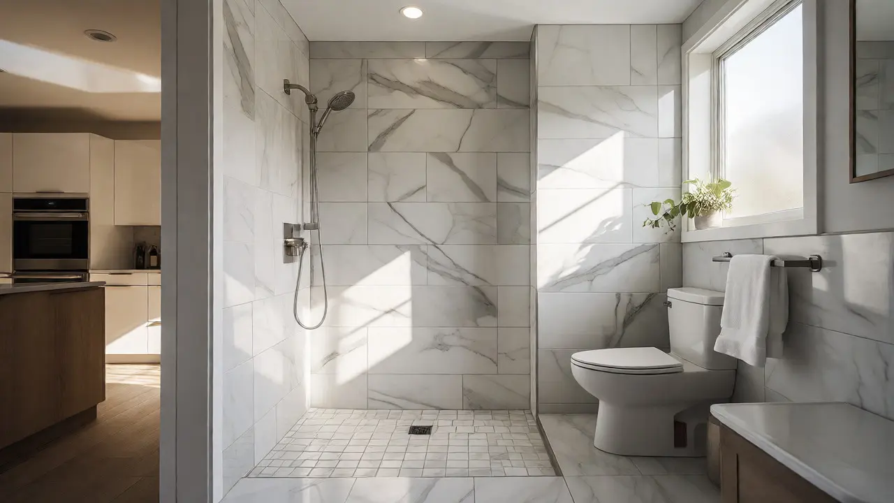 Heller, modern renoviertes Badezimmer mit bodengleicher Dusche und offener Küche im Hintergrund.