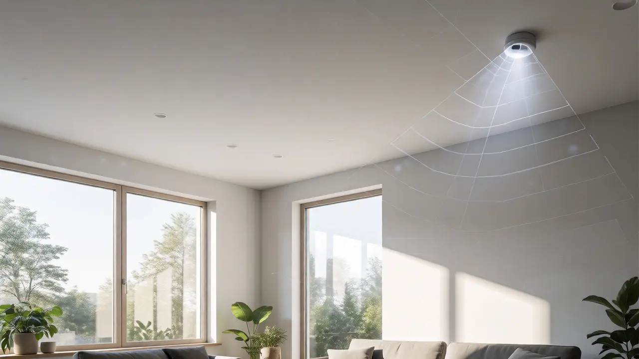 Helles Wohnzimmer mit Tageslichtsensor und intelligenter Lichtsteuerung