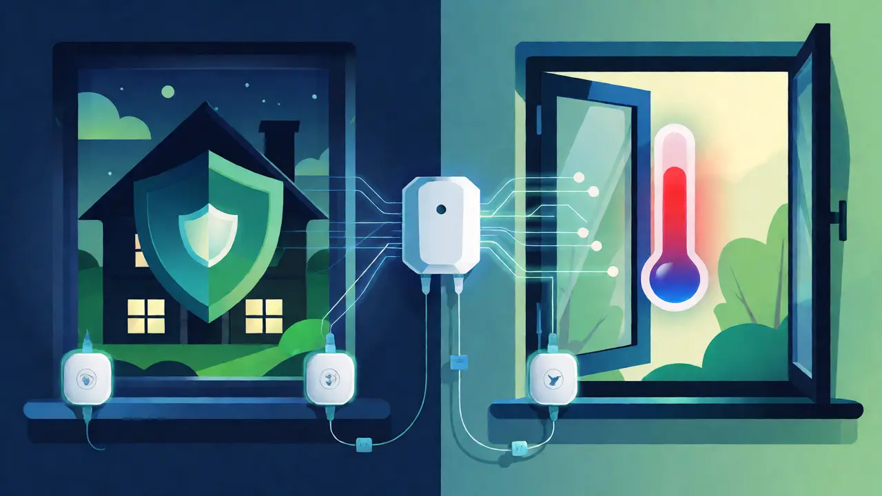 Konzeptgrafik zu Einbruchschutz und Energiesparen durch Smart Home Sensoren