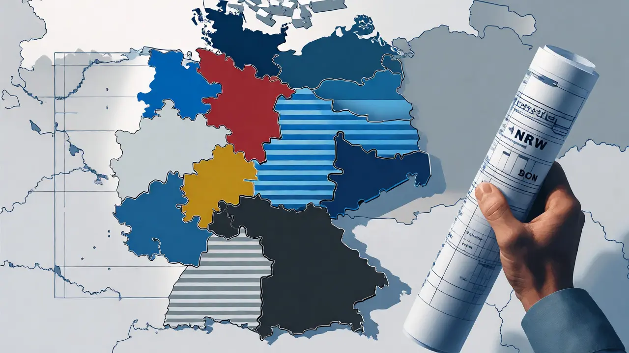 Konzeptionelle Darstellung der unterschiedlichen Bauordnungen in deutschen Bundesländern für den Wohnungsbau.