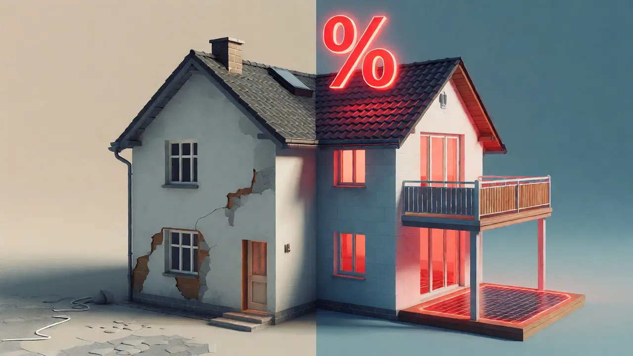 Konzeptionelle Darstellung eines Hauses mit getrennten Bereichen für Erhalt und Neubau.
