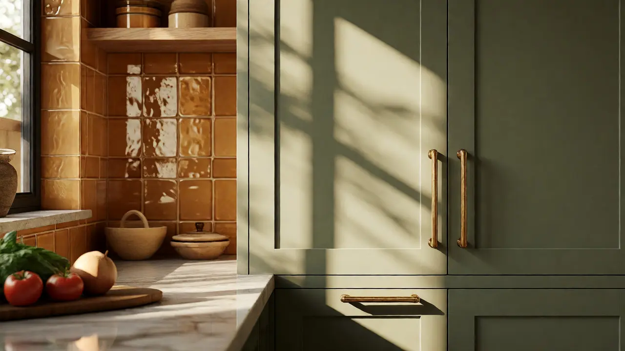 Küchendetail mit Honig-Gold-Akzenten und Salbeigrün