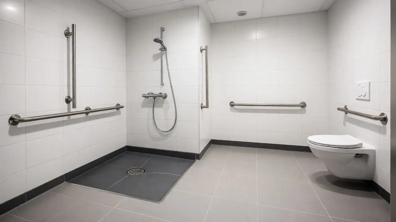 Modernes barrierefreies Badezimmer nach DIN 18040-2 mit bodengleicher Dusche und ausreichend Bewegungsfläche.