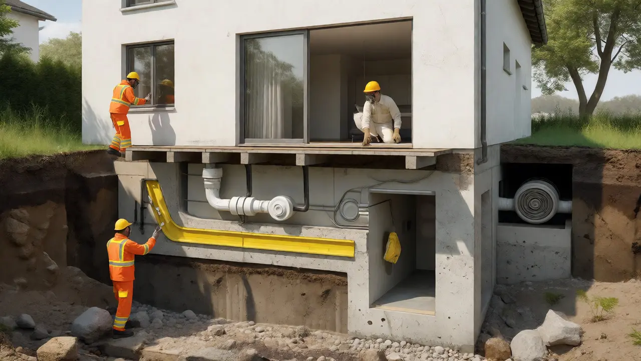 Querschnitt eines Hauses zeigt Sanierungsmaßnahmen wie Bodenaustausch und Gasabdichtungen im Fundament.