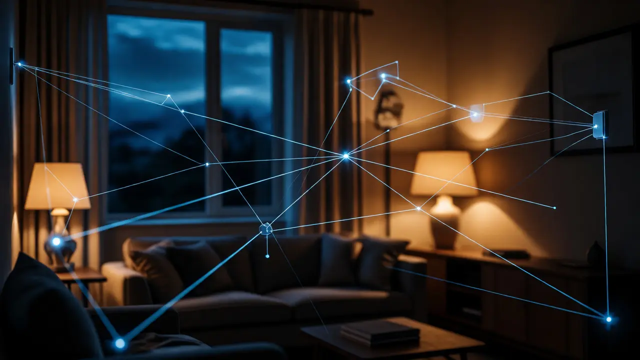 Smart-Home-Nachtansicht mit vernetzten Leuchten und digitalen Verbindungen