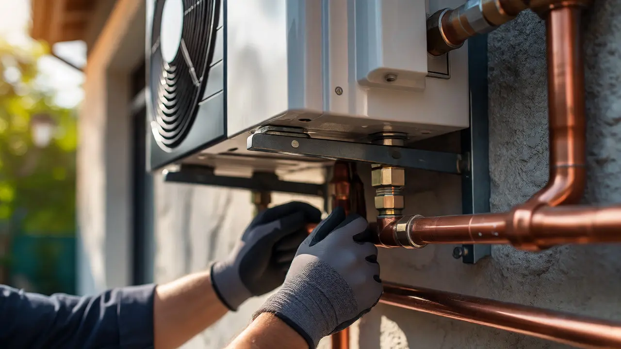 Techniker installiert moderne Wärmepumpe an Hauswand