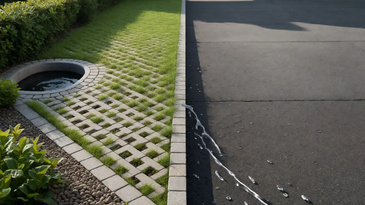 Vergleich zwischen durchlässiger Begrünung und versiegeltem Asphalt